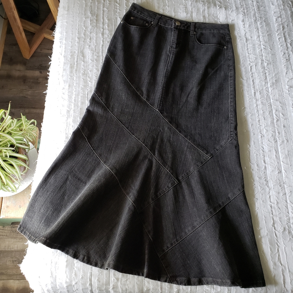 Baccini 90s Y2K Low Waist Retro Flare Denim Maxi Skirt Gray Black Wash Size 6